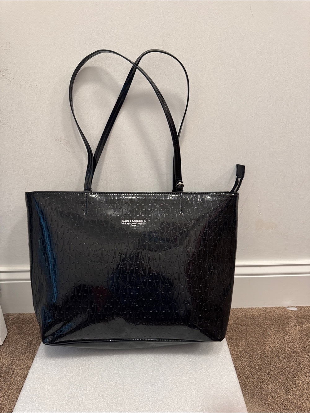 Karl Lagerfeld Paris Effiel tower embossed black glossy tote bag purse